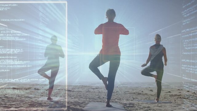 Coach leading trio doing yoga on beach, light panels appearing, guiding balance shifts for fitness