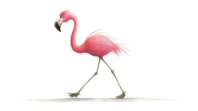 Pink Flamingo Walking on White Background