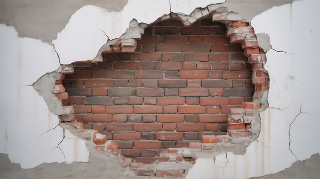 Breached Wall Reveals Ancient Brick: The dramatic view unveils a rough-hewn opening in the wall, revealing a glimpse of time-worn brick underneath. Capturing resilience, history and destruction.