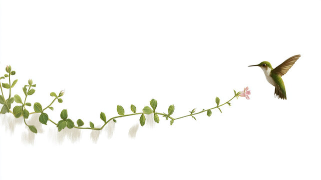 Hummingbird Hovering Near a Pink Flower on Green Vines