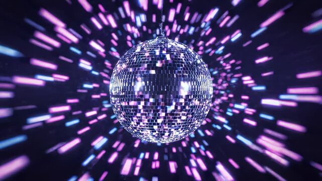 Sparkling silver disco ball with vibrant purple and blue neon light streaks in motion blur background, concept for nightclub party event, retro dance festival and nightlife entertainment
