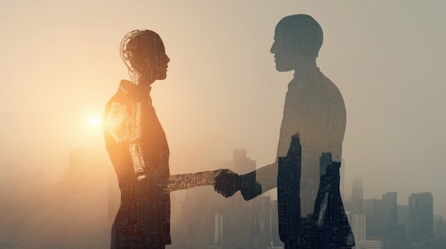 Future of work concept: humanoid robot and business leader partnership as automation reshapes jobs