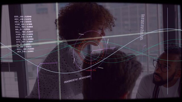woman leaning, speaking to team near grid-window starting diagnostic HUD showing waveforms for sync