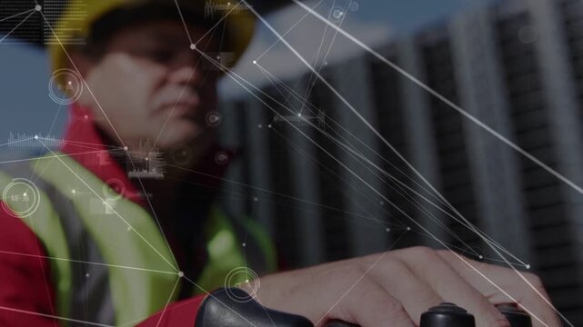Construction operator pressing controls with HUD overlay as camera pulling back and surveying site