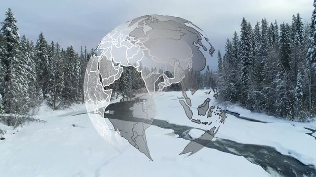 On drone approach translucent rotating globe refining over river, revealing icefall and global link