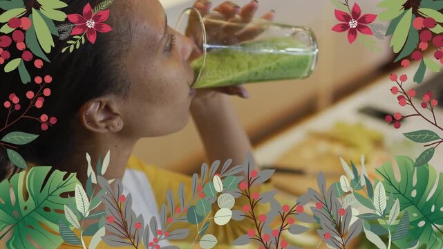 Woman lifting glass, sipping green smoothie in kitchen, with floral border framing her for health