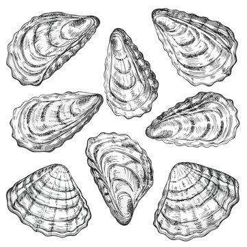 Oyster shells vintage engraving illustration on white background