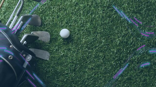 Cam shifting left revealing clubs while neon glitch sweeping ball staying centered to showcase gear