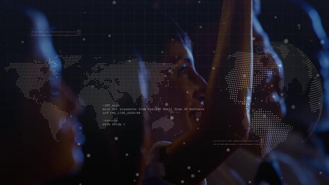 Audience responding to tech talk cue, central woman raising hand beneath dotted world map overlay