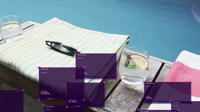 Purple panels appearing then spawning and sliding, forming metrics overlay over towels and glass