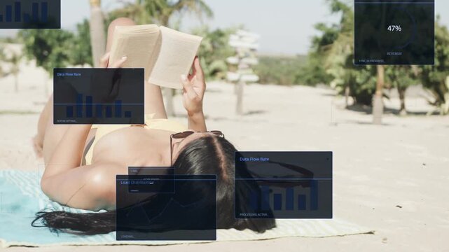 Woman reading book on towel on beach, live data panels appearing, covering her, showing analytics
