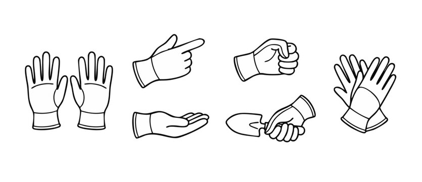 Gardening gloves icon set showing hand gestures and garden tools, flat line art design, construction and landscaping work equipment symbols for web apps and industrial safety vector collection on whit