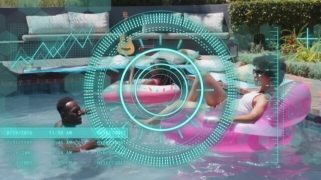 Three friends poolside interacting as man approaching pink floats, teal HUD tracking for marketing