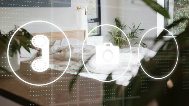 Tech UI icons sliding on frosted screen, urging woman in bed stirring, sitting up and stretching