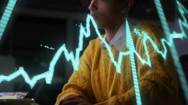 Analyst slumping then sitting up, reaching keyboard, reacting to flashing cyan finance graph