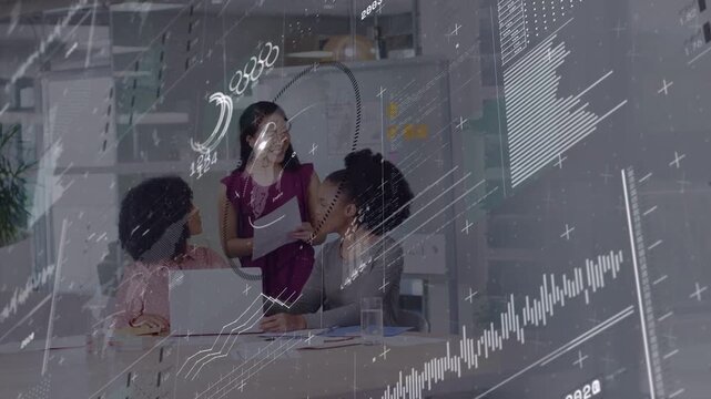 3 women checking biz metrics, standing woman passing pages, animated charts on laptop showing rise