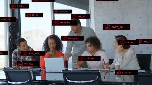 Team at laptop, woman touching keyboard activating red UI blocks over faces, pointing for security