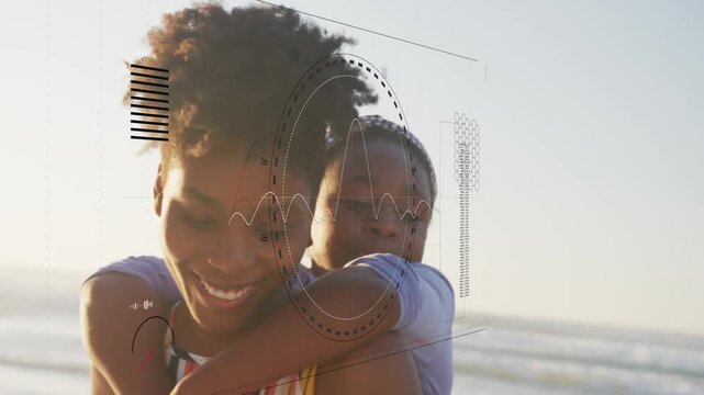 Mother carrying daughter on back at shore stepping forward and causing health waveform showing bond