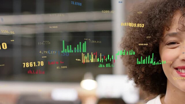 Woman appearing right, incoming market data filling charts beside her showing $324,197