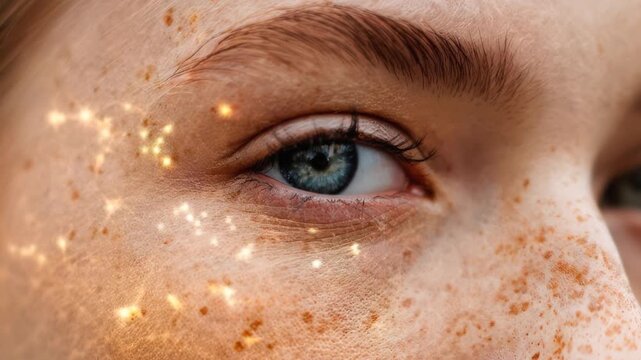 Closeup portrait of a young woman face with striking blue eyes, highlighting her dense freckles shimmering as resembling a constellation pattern or neural network projected across her cheek