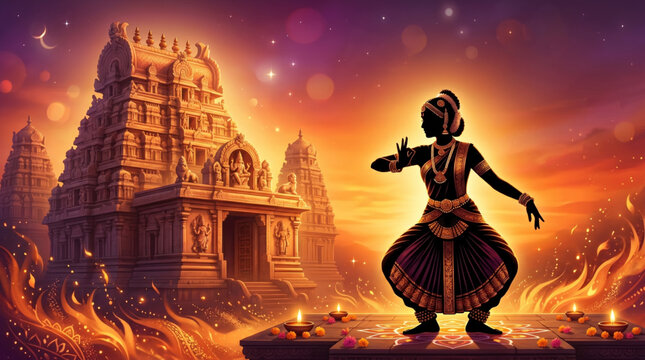 Silhouette of indian classical dancer performing on stage with ancient temple and glowing oil lamps at sunset for cultural heritage banner
