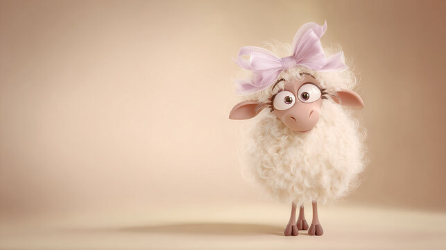 Cute cartoon sheep with purple bow on a neutral background