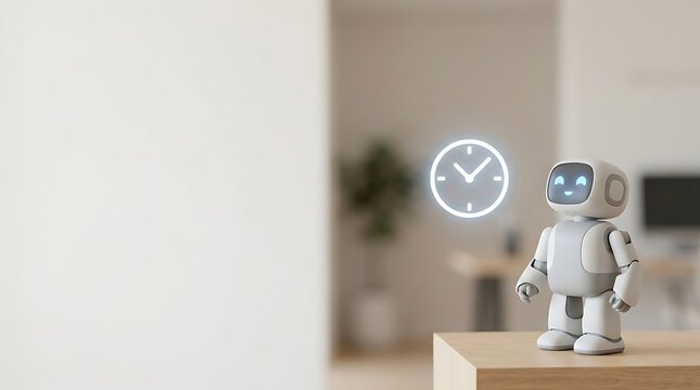 A cute small robot standing on a wooden table with a glowing digital clock icon floating in the air in a modern home office setting