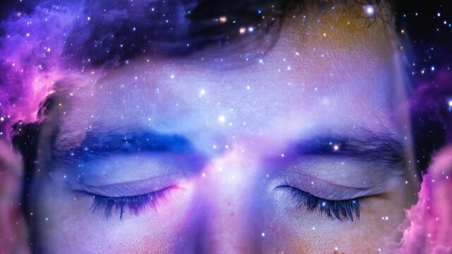 	
Surreal close-up man keeps eyes closed, with his face seemingly dissolving into a vibrant purple-blue nebula. Cosmic double exposure dreamlike male portrait with universe within his mind