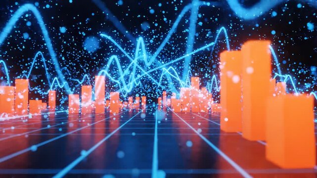 Glowing orange 3D bar charts and neon blue wave lines with floating particles on a dark grid surface, concept for financial data analysis, stock market monitoring and digital technology background