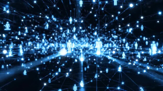 Blue digital network connecting glowing professional avatars and light particles in virtual space, concept for human resources management, global recruitment and social network connectivity