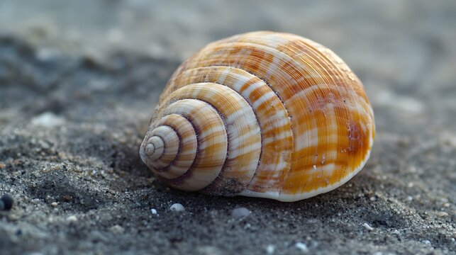 A detailed close-up of a spiral seashell on a sandy beach