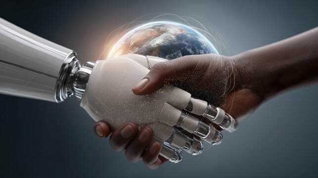 Human and robot handshake representing trust, governance, and responsible AI
