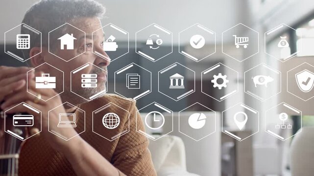 Man sitting at home holding guitar, hex grid appearing shifting gaze to windows considering finance