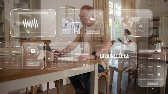 Man tapping tablet, filling finance forms on island, HUD charts guiding as woman checking phone