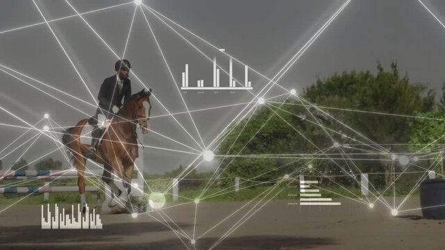 Rider near poles collecting, jumping and landing while HUD overlaying nodes and bars in equestrian