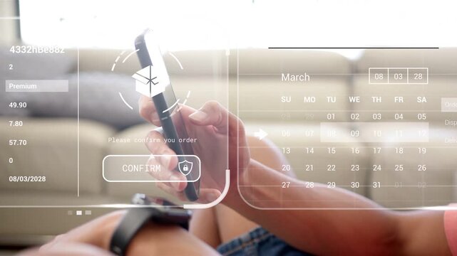 Man reclining on sofa tapping phone activating logistics tracking, animated maps graphs appearing