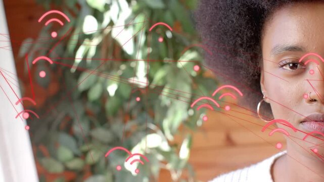 Woman entering framing shifting showing smile pink overlay moving across face and plant for design