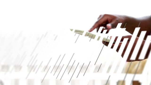 Diagonal bars shifting, revealing dark hands holding tablet, fingers tapping, swiping, browsing app