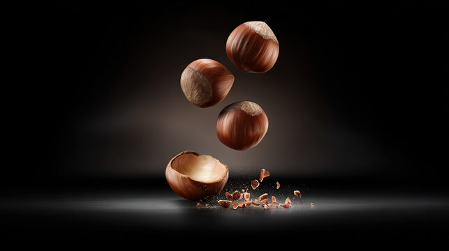 Hazelnuts in Motion Against Dark Background