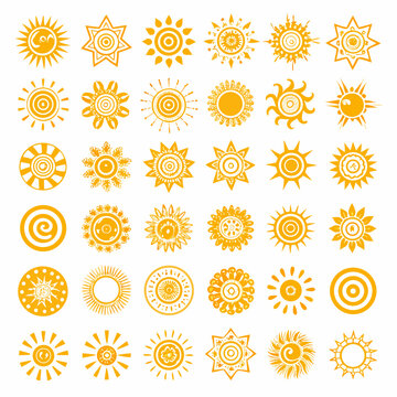 Collection of sun icons in vibrant yellow on white background
