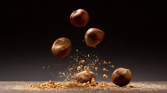 Hazelnuts Cracking with Shells Flying