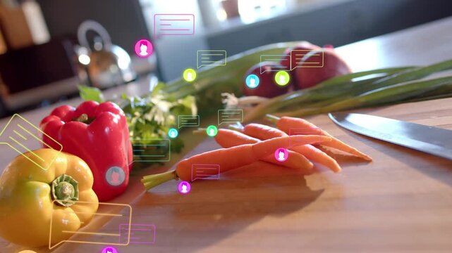 Incoming icons appearing over carrots, growing and drifting, layering, showing chat around recipe