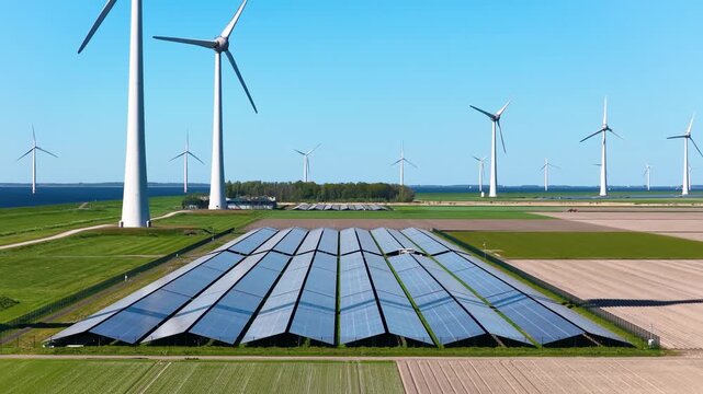 Aerial drone view of solar panels and wind turbines in a renewable energy farm. Sustainable green power station for clean electricity production and environmental technology infrastructure.