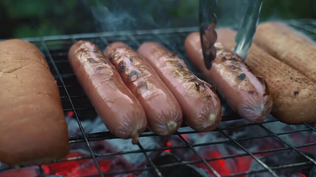 Macro closeup sausages on grill, tongs flipping browned links beside toasted buns, red coals glowing, wisps of smoke rising, lively backyard cook vibe with visible char marks and rich texture