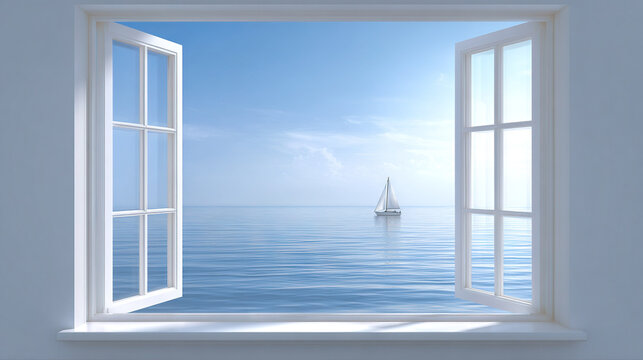 View of a small sailboat on the ocean from an open window