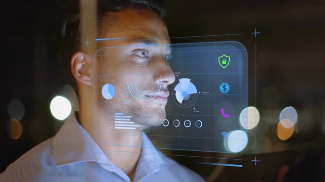 Man activating HUD with device on window aligning gaze to rotating chart, checking security finance
