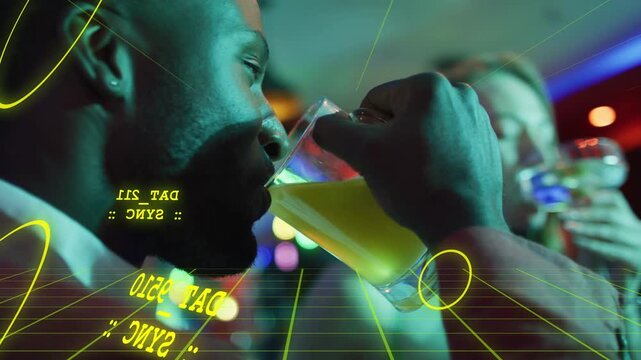 Man and woman sipping at bar, camera cutting initiating AR HUD sweeping circling glass during toast
