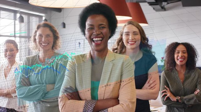 Lead exec shifting from smiling to laughing as graphs fading in across lower marking business win
