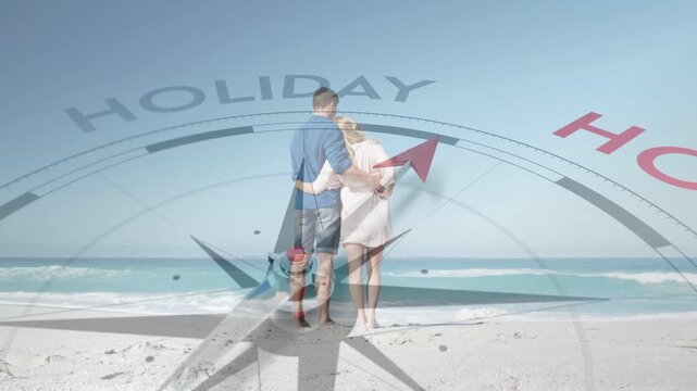 Couple stepping toward sea, compass overlay intensifying as HOLIDAY text fading, promoting travel