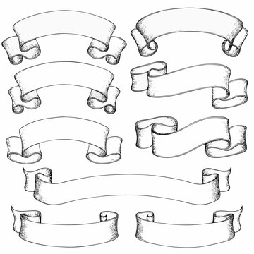 hand drawn scroll banners vintage style engraving set on white background